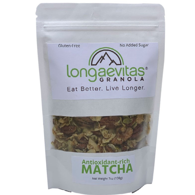 Longaevitas MATCHA Granola Package Front image. Antioxidant rich Matcha with NO SUGAR ADDED