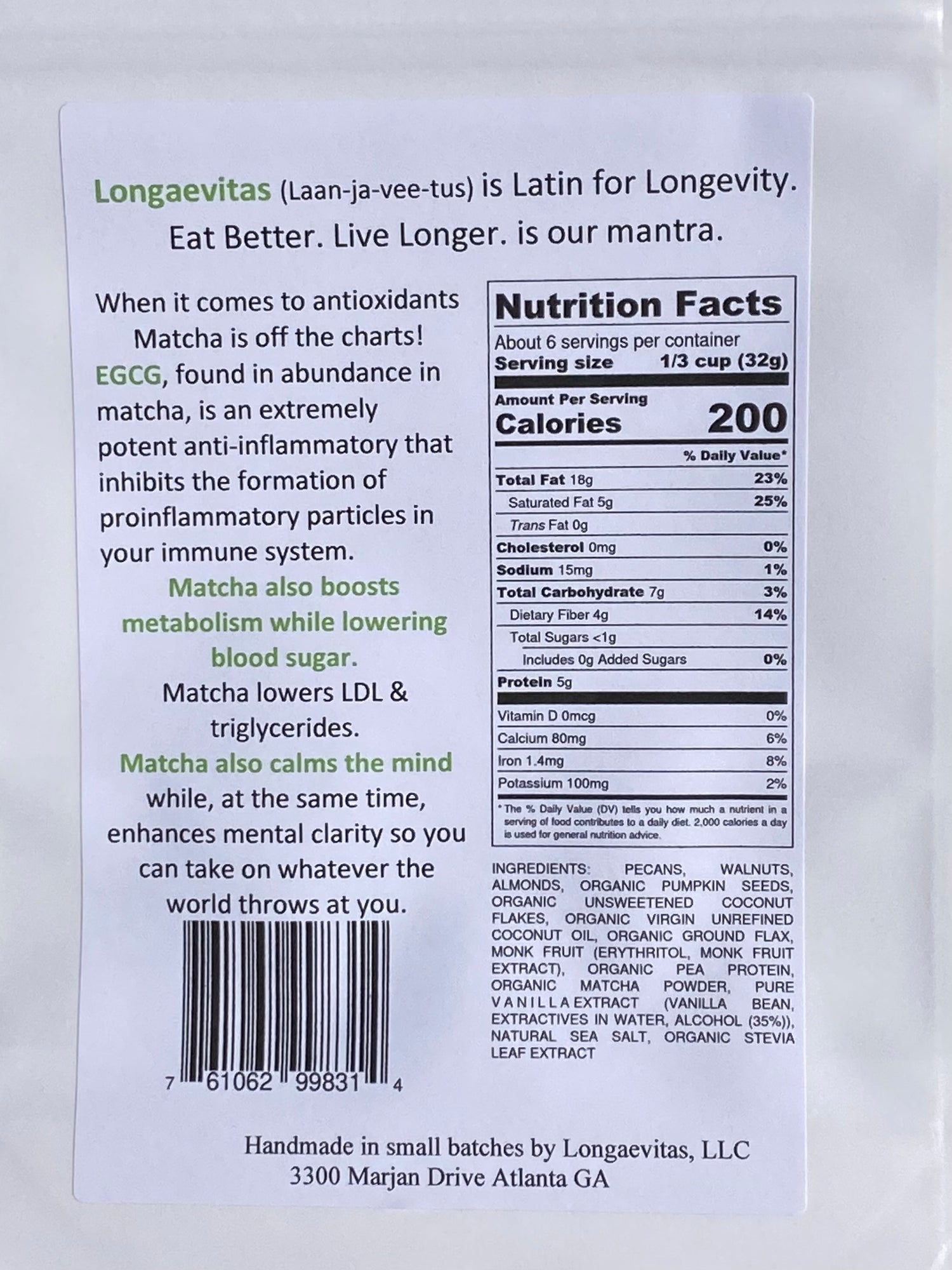 Longaevitas MATCHA Granola package back panel including Nutrition Facts and Ingredients