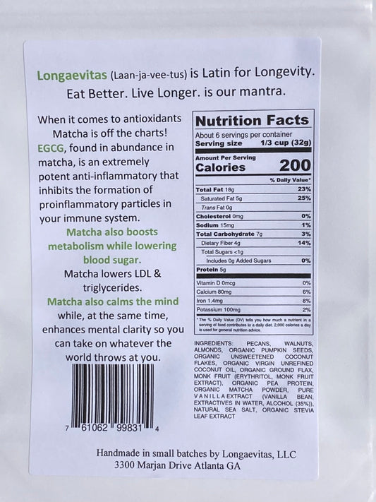 Longaevitas MATCHA Granola package back panel including Nutrition Facts and Ingredients