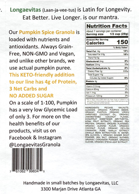 Back Panel of Longaevitas PUMPKIN Granola including Longaevitas PUMPKIN Granola Nurition Facts